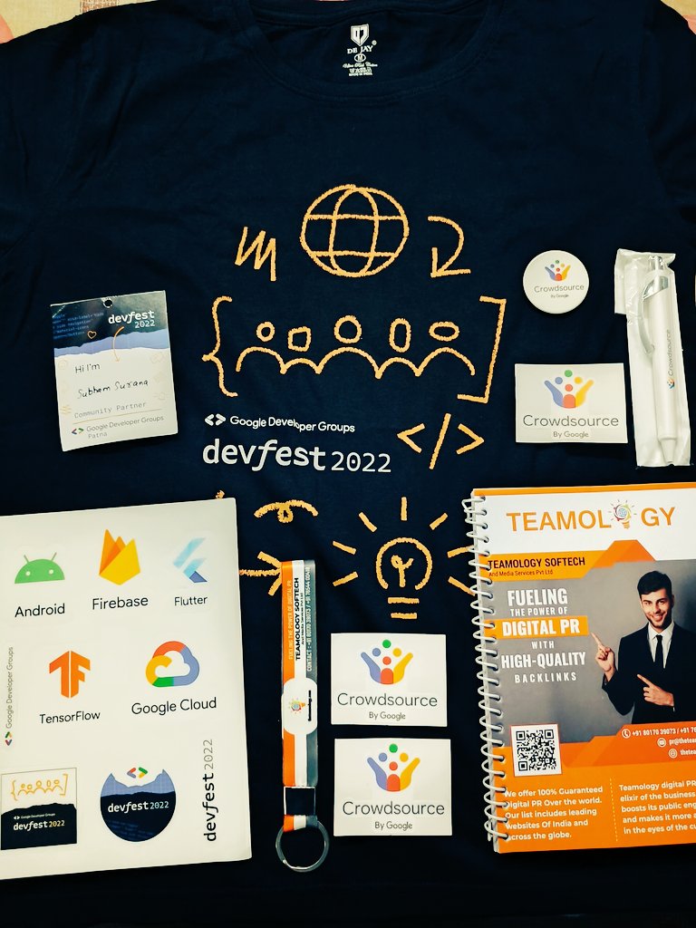 TheSuranaverse's tweet photo. Mandatory swags post from #DevFestPatna ๐
Special thanks to @AnushCodergirl for the Crowdsource goodies ๐ https://t.co/KSK6JEdYFd