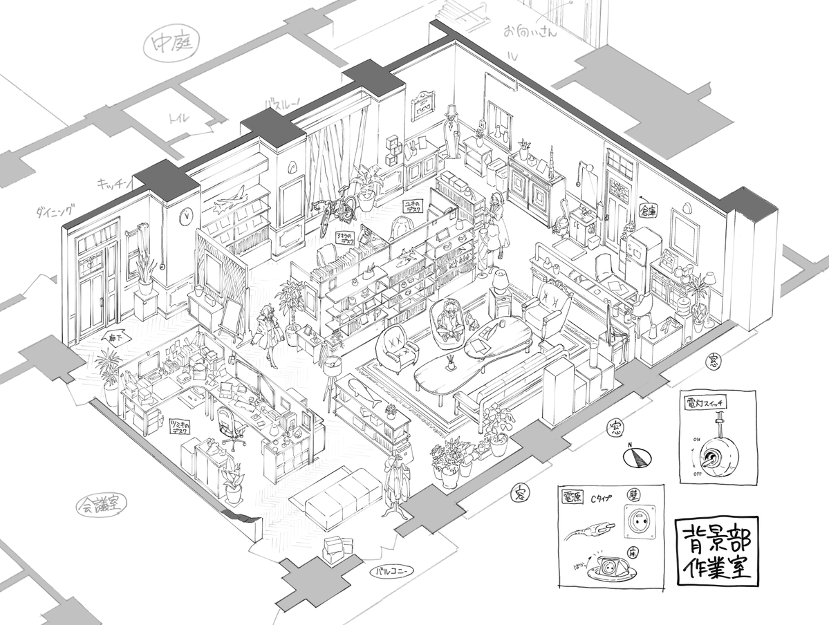 背景部『作業室』
背景部は古い集合住宅のひと部屋を大改造して作業場にしています
3人とも趣味がバラバラでゴチャゴチャ
まだほかにも部屋がありそう🤔
#美術設定
#背景 
#クリック推奨 