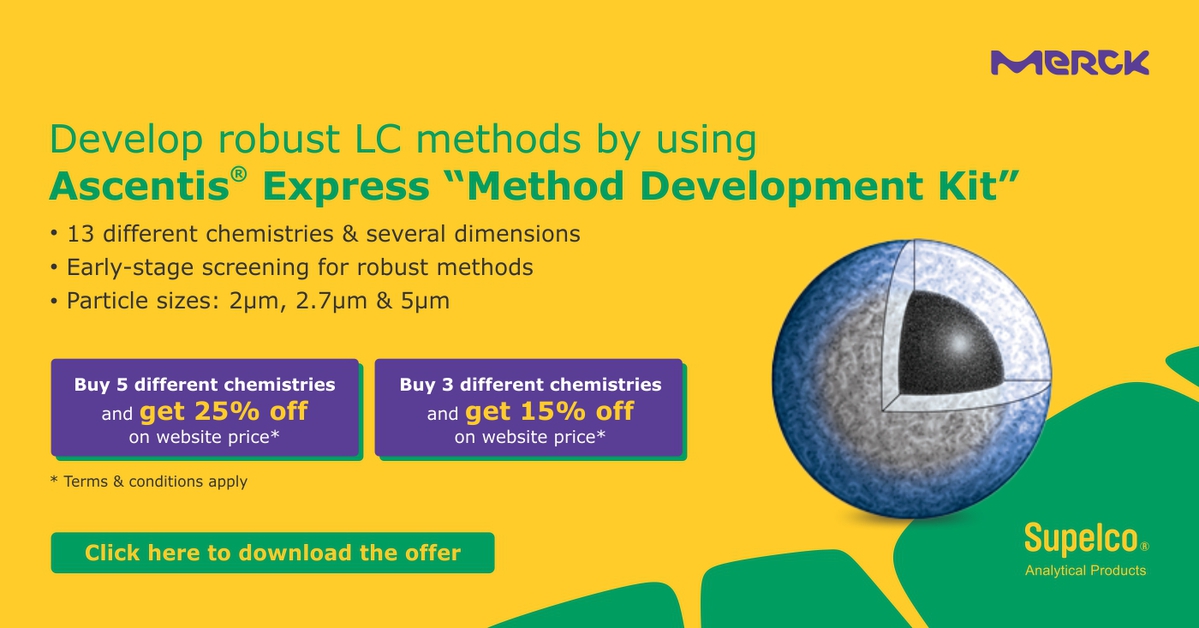 MerckIndia's tweet image. It's raining offers!! Create a library for Ascentis® Express columns with exciting offers on our Method Development Kits
Learn more: ms.spr.ly/6014ejfP2
#HPLCMethodDevelopment #Columnscreening #Columnselectivities #Resolution #Superficiallyporous #AqC18 #Pentafluorophenyl
