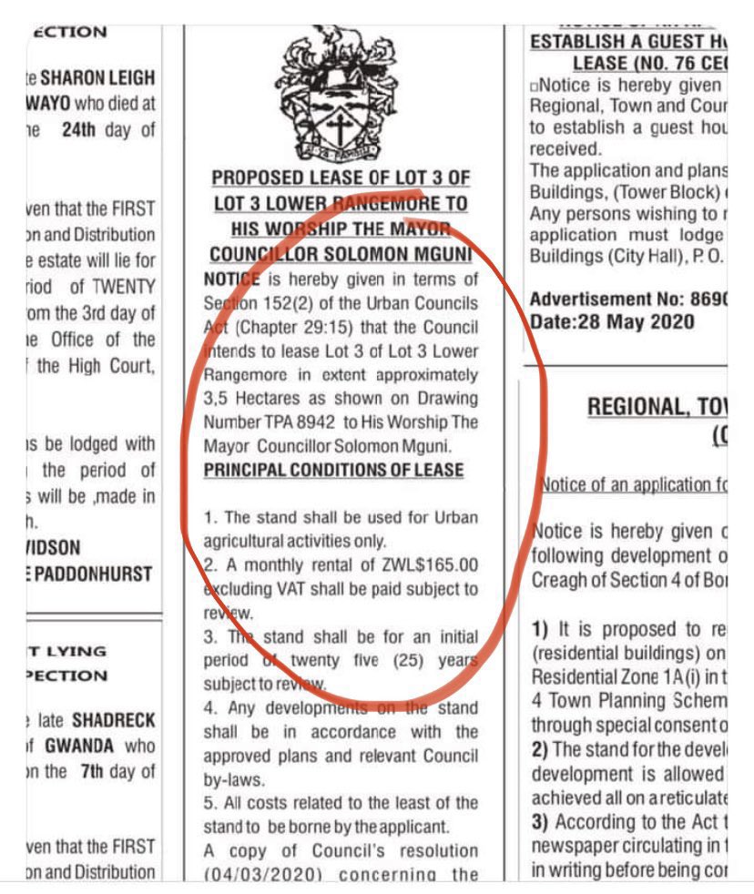When we send opposition councilors to City Councils, we send them to change the rotten ZANUPF system, and not take advantage of it.

Bulawayo Mayor got 3.5 hectares of land for use over a 25 year period.

Guess how much the rent was?
RTGS165!!!

Surely this is NOT acceptable!