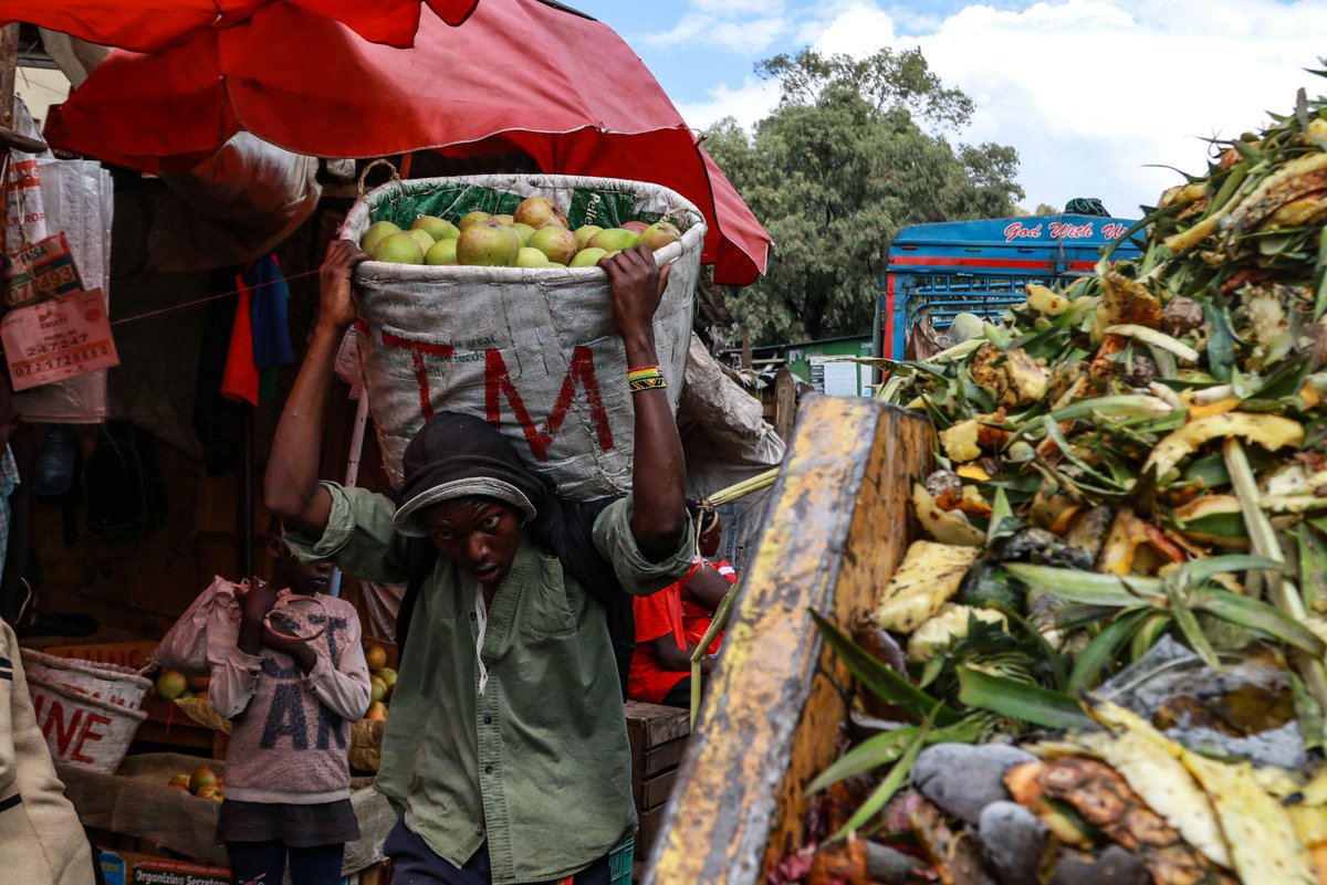 wethankmedia's tweet photo. A man carrying a basketful of mangoes walks past a skip with spoilt fruits at a wholesale market in Nakuru. A report by the Environmental Protection Agency says that discarded food is responsible for as much as 8% of global greenhouse gas emissions. (Photo by James Wakibia) https://t.co/8Pm5eRrCFC