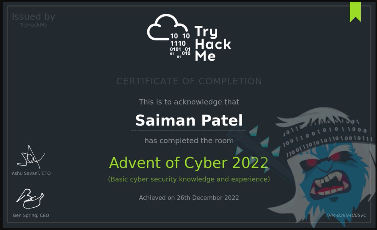 Saitleop's tweet image. completed advent of cyber 2022 #hacking #ctf #adventofcyber2022