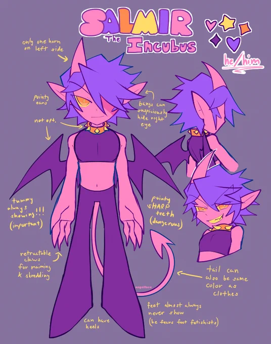 3. salmirhes a crazy little incubus who lives in the 7th layer of hell with his succubus mom and minotaur dad. he doesnt understand most social cues so he doesnt have a lot of friends. he has da best partner ever who puts up with all his shenanigans 