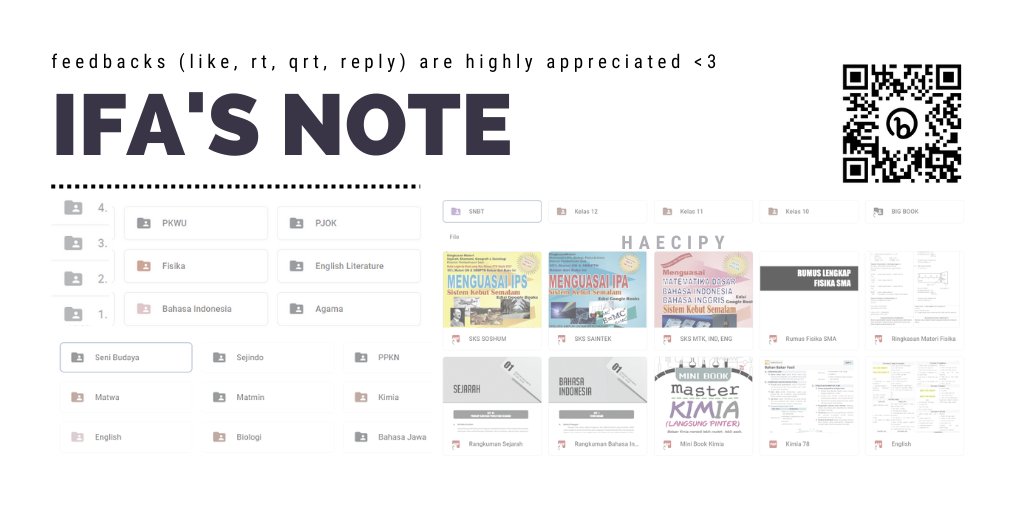 haecipy's tweet image. — Kumpulan Materi &amp;amp; Catatan🐾
Kelas 10, 11, 12 + SNBT

• 16 mapel dengan peminatan MIPA/saintek.
• Tidak semua materi dan catatan pure punya aku.
• Semoga bermanfaat!

‼️ gdrive: bit.ly/CatatanIfaSMA
©haecipy