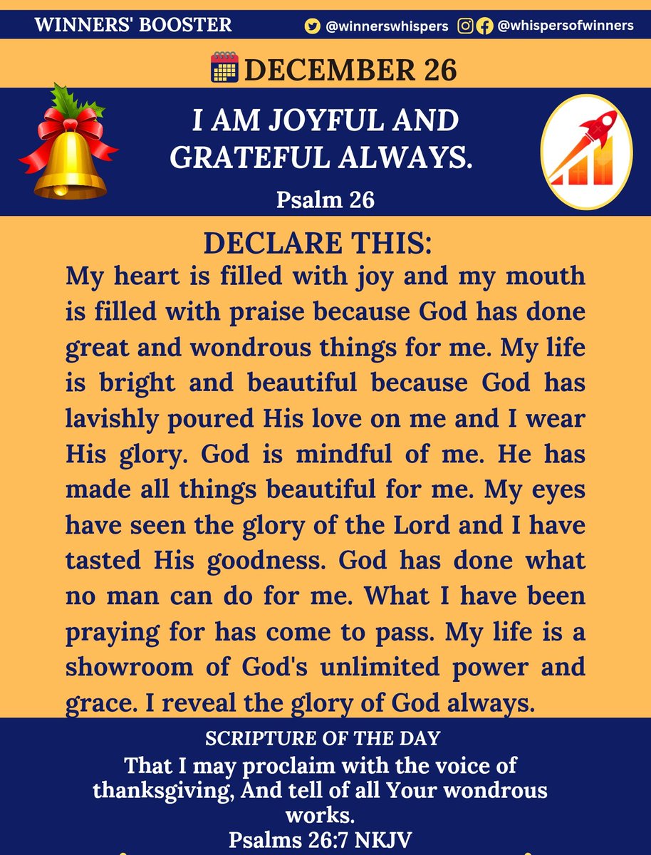 WinnersWhispers's tweet photo. Declare this:
My heart is filled with joy &amp; my mouth is filled with praise because God has done great &amp; wondrous things for me. My life is beautiful because God has lavishly poured His love on me &amp; I wear His glory. God is mindful of me. He has made all things beautiful for me. https://t.co/4PKUkkQQHu