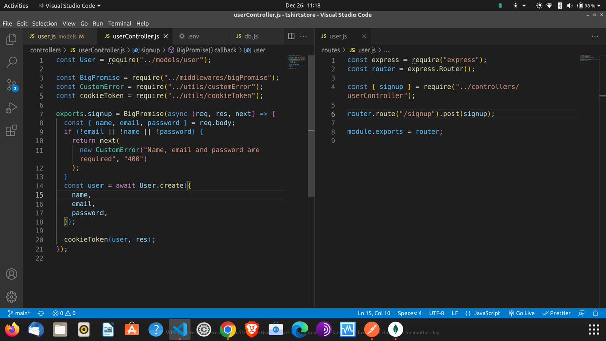 saadat_1997's tweet image. 🔴 Day 20 #100DaysOfCode
Added user controller and a signup route 👨💻
Wrapping all my controllers in a HOF to avoid using try-catch to save a lot of lines 📜
Successfully connected mongoDB with my app and added my first test user with postman ✅
#iwritecode
