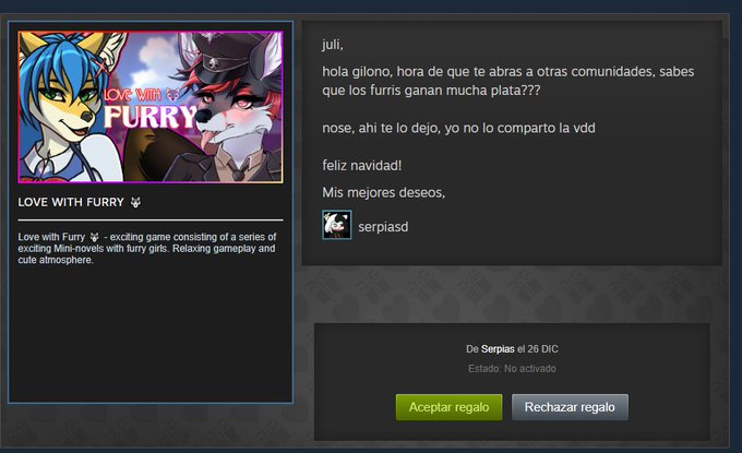 Que buen amigo @Serpias regal&aacute;ndome juegos en steam 🥰 Aunque nose porque todos de furry 🤔 porque sera<a class="tags" target="_blank" title="On Twitter" href="/?out=eyJ0eXAiOiJKV1QiLCJhbGciOiJIUzUxMiJ9.eyJpYXQiOjE3MjAyMzQ2MDIsImlzcyI6InR3cG9ybnN0YXJzLmNvbSIsIm5iZiI6MTcyMDIzNDYwMiwiZXhwIjoxNzUxNzcwNjAyLCJyZWRpcmVjdF91cmwiOiJodHRwczovL3R3aXR0ZXIuY29tL1NlcnBpYXMifQ.T-Lch-n5GKe2cgPjS62SEq1nIWhrk1AfIHImuOb3PcSFJKDOd0cBGEz-IS0_adAd71nGTG6VitvqWZsBSDCdCw">@Serpias</a>