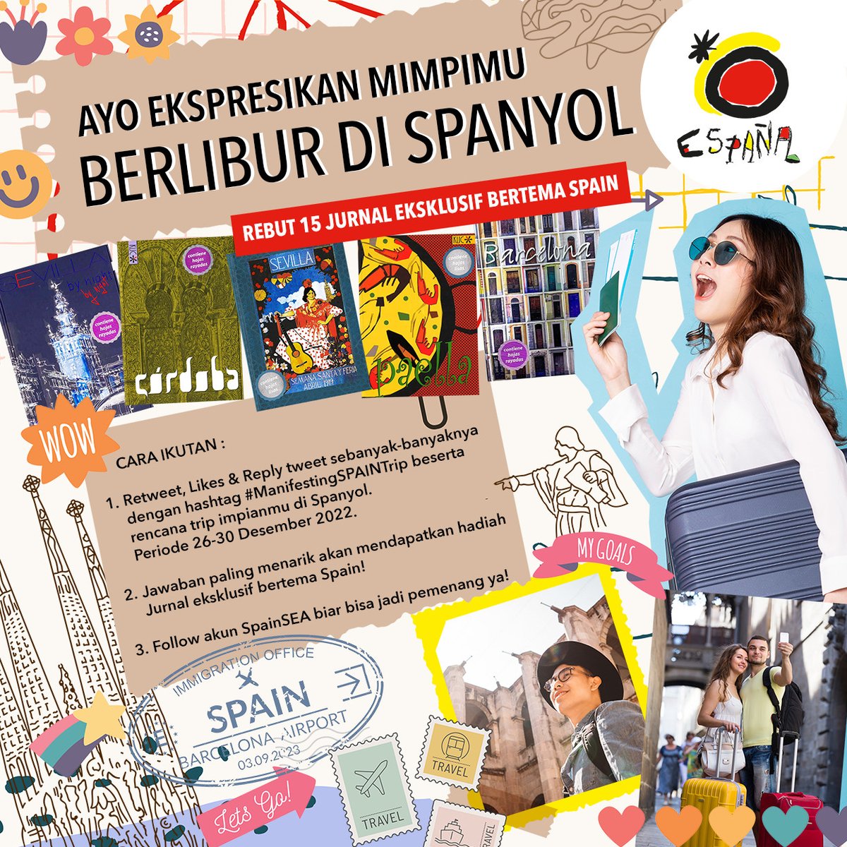 Yuk ekspresikan mimpimu berlibur di Spanyol 🇪🇸, ceritain rencana trip kamu mau kemana aja! ✨ Ssst... ada hadiah Jurnal eksklusif 📙 bertema #Spain untuk 15 pemenang beruntung. Periode dari tanggal 26 - 30 Desember, good luck! 😘 #VisitSpain #ManifestingSPAINTrip