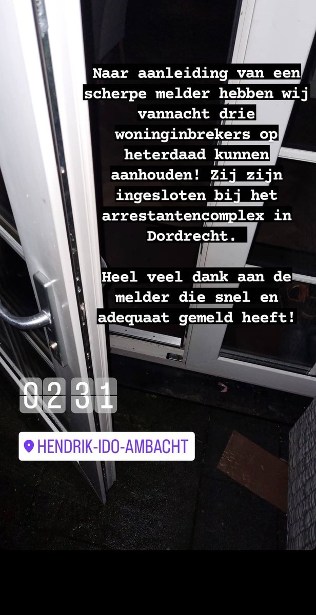 Afgelopen nacht heeft de politie in ons dorp 3 woning inbrekers aangehouden door een alerte melder die adequaat gehandeld geeft #HIA.

Foto: Politie Drechtsteden-Buiten