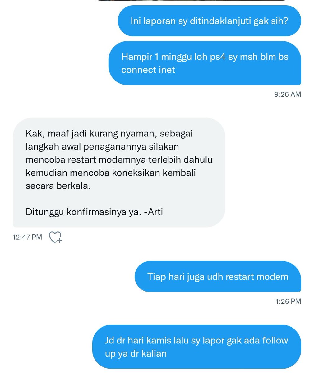 ikhsanbm's tweet photo. @IndiHomeCare komplain udh dari hari kamis smp skrg blm ada tindakan apapun. Tiap hari di DM balesannya selalu begini. Setiap gangguan jg langkah awal penanganan pasti restart modem dlu kali tanpa lu kasih tau juga. Kl udh smp DM ya pasti butuh penanganan lanjutan dr kalian... https://t.co/4ioZl4L6Xt