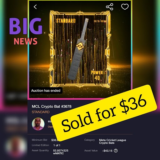 Crypto Bat NFT sold for $36 📢

What an amazing deal!

Head to the marketplace for the best deals
jump.trade/nft-marketplace

#NFTs #CricketNFTs #NFTCommunity #NFTMarketplace #NFTGaming