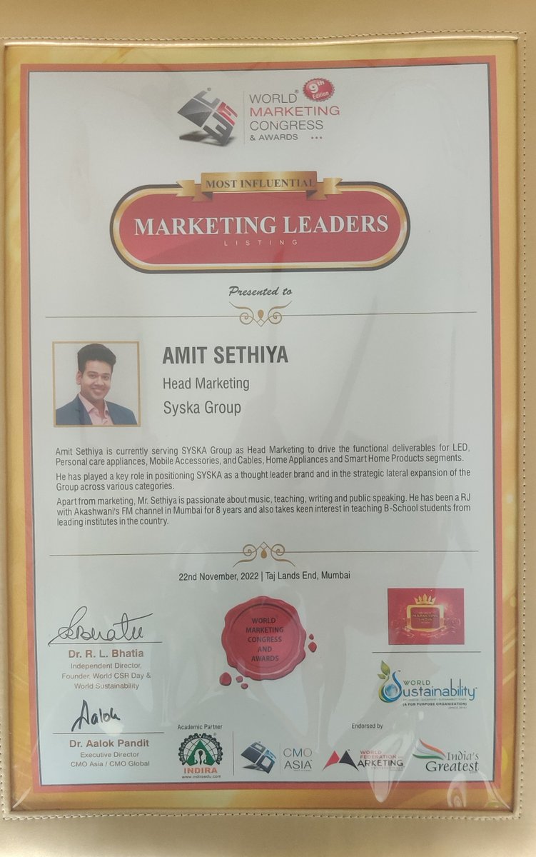 sethiya_amit's tweet photo. #Gratitude for receiving “Most influential marketing leaders 2022” title from World Marketing Congress and CMO Asia along with "FE Visionary Leadership" recognition by Financial Express (India)
#cmo #marketingleaders #awards2022 #recognition #FEMartechSummit https://t.co/Snrf6l0IjZ