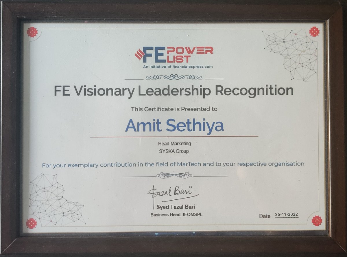 sethiya_amit's tweet photo. #Gratitude for receiving “Most influential marketing leaders 2022” title from World Marketing Congress and CMO Asia along with "FE Visionary Leadership" recognition by Financial Express (India)
#cmo #marketingleaders #awards2022 #recognition #FEMartechSummit https://t.co/Snrf6l0IjZ