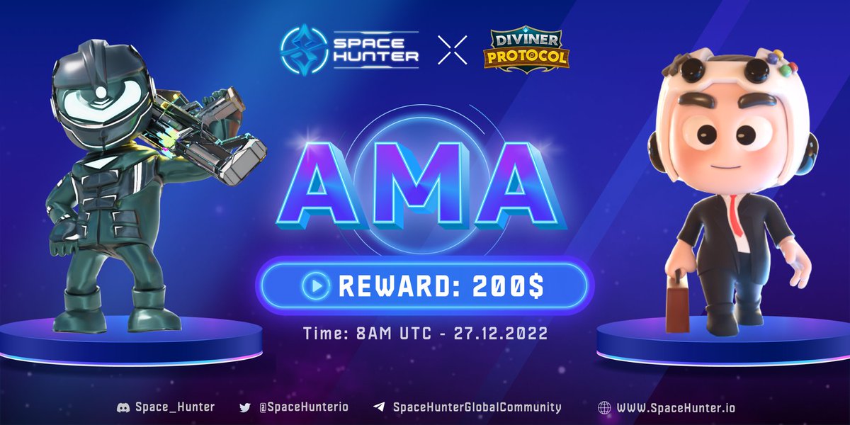🔥HOT: AMA Space Hunter x <a href="/DivinerProtocol/">Diviner Protocol | Building Metaverse</a> is LIVE NOWWW! Welcome all questions from you guys!

Join here: 👉
t.me/DivinerProtoco… 

Hot topic is on. Join us to share your insightful questions &amp; comments💥
#SpaceHunter #NFT #Metaverse
