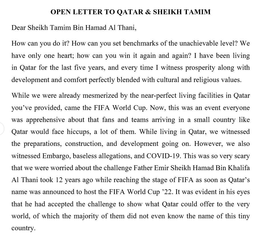 awais_aa's tweet photo. An Open Letter to Qatar’s Emir Sheikh @TamimBinHamad 
All about last month &amp; more...
@MOI_Qatar @MOI_QatarEn @HukoomiQatar @roadto2022 @roadto2022news @roadto2022en @GCOQatar @QatarNewsAgency @dohanews @PeninsulaQatar @QNAEnglish @BBCNews @AlJazeera https://t.co/TcjYG0yYbH