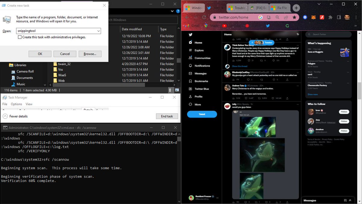ResidentDrip's tweet photo. so my windows has decided to corrupt itself to where it wont run the explorer when it boots. no taskbar, no desktop, no search button thus making windows basically unsusable. with the power of the task manager and the create a new task function ive been basically bareboning it. https://t.co/6cP4bBi3Kb