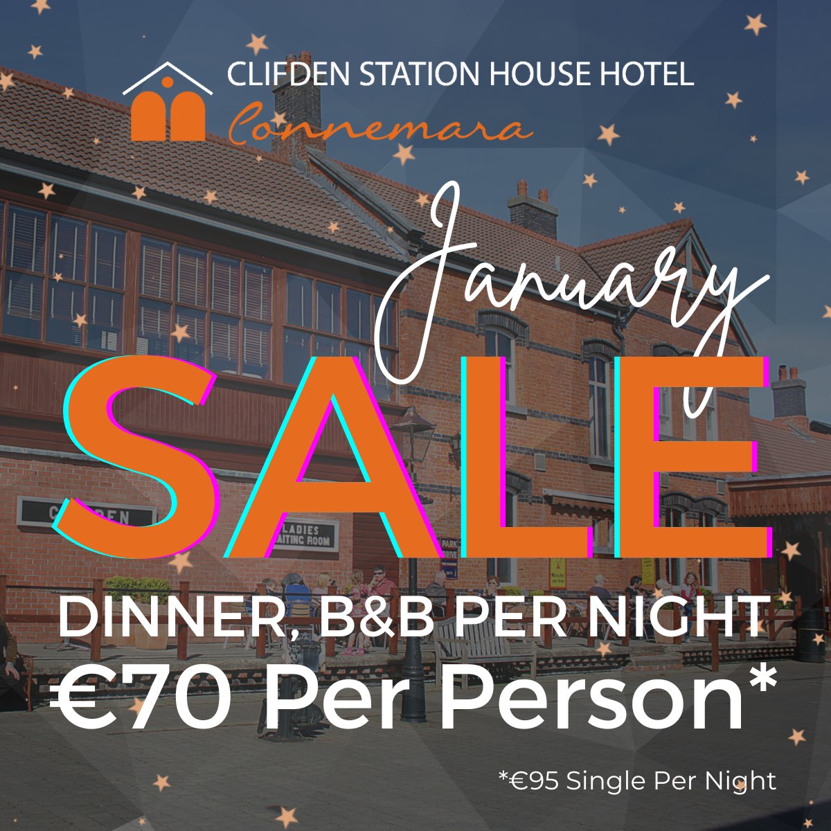 🎊January Sale - Now On! 😊 Book a Dinner, Bed & Breakfast break in the Clifden Station House Hotel for just €70 per person sharing per night. Single rate of €95 also available. Book Direct and Save Today! bit.ly/3E0EkxS #welcome2023 #clifdenstationhouse