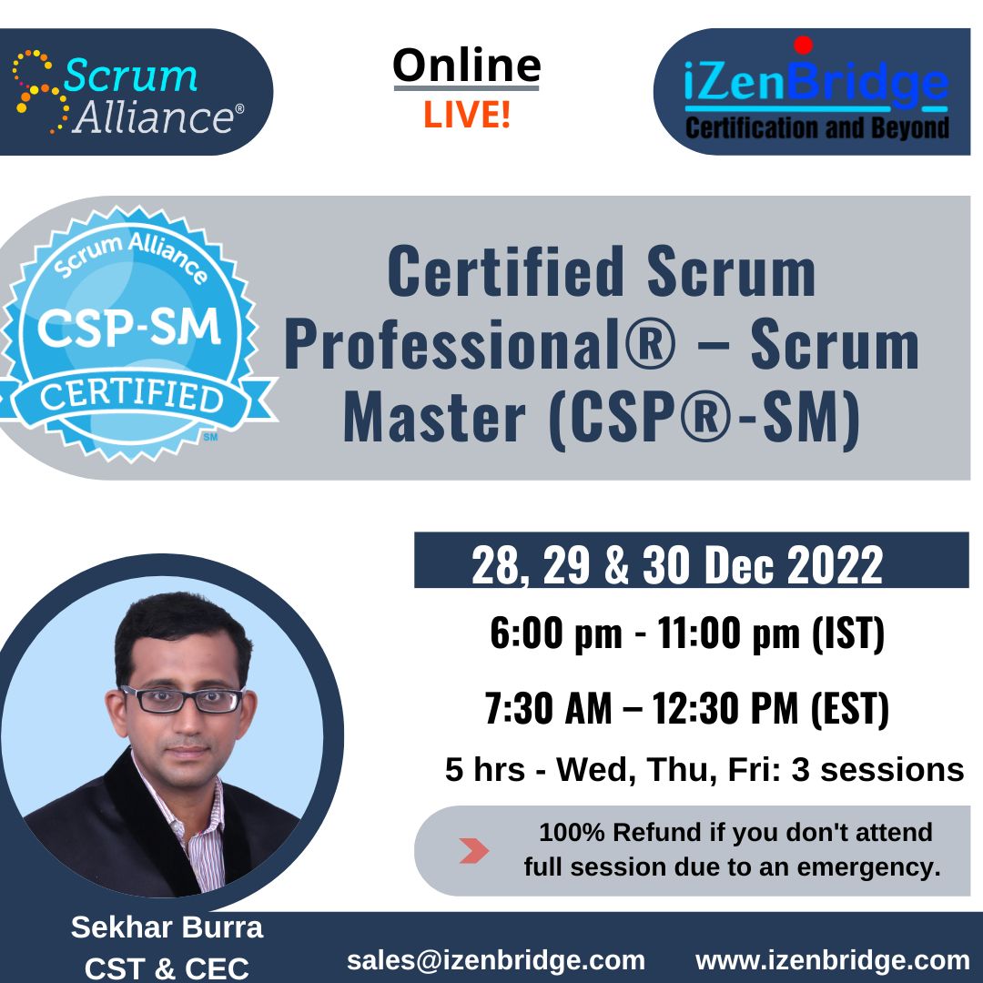 iZenBridge's tweet image. Join 3 Days Live Online (CSP®-SM) Training .. Book your slot now
For more information: izenbridge.com/agile-and-scru…
To get more assistance: 
📱 Whatsapp us: +91-9958287711📧 Email - sales@izenbridge.com
#cspsm # #scrum #scrumalliance #scrummaster #virtual #training #certification