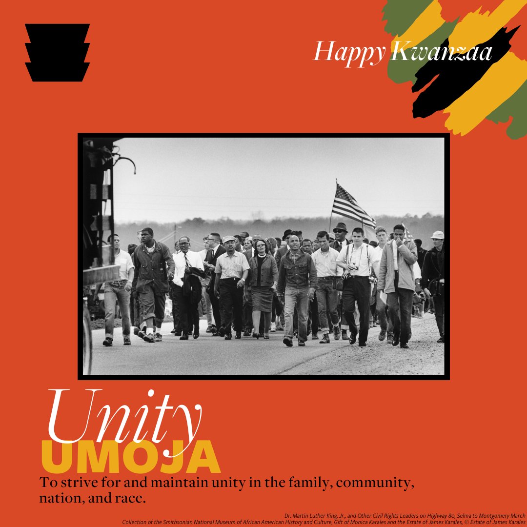 Habari Gani?  

Umoja!  

Today is the first day of #Kwanzaa, a 7-day African American and Pan-African holiday founded in 1966 that celebrates history, values, family, community, and culture. Join our museum's virtual Kwanzaa celebration: nmaahc.si.edu/kwanzaa