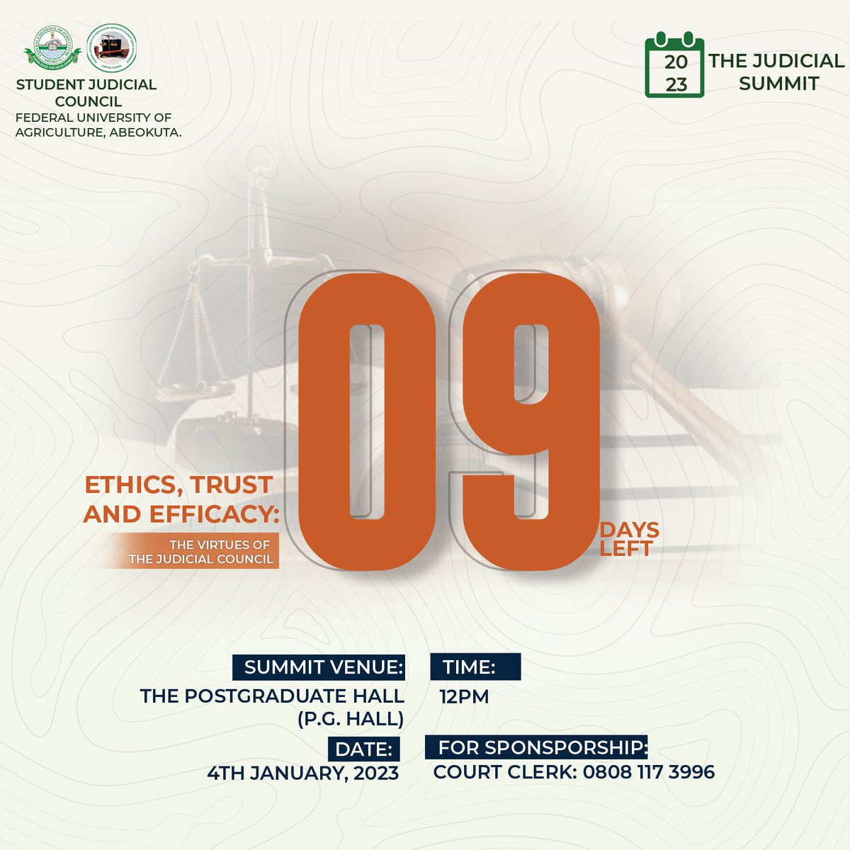 BukolaIfeoluwa7's tweet photo. _There won't be prevailance of justice if it's not maintained!_
The Student Union *Judicial Council* Presents to you _THE JUDICIAL SUMMIT 2023!_
The Judicial Summit promises to be informative and educative, *YOU DON'T WANT TO MISS IT!*
#judicialsummit #funaabsu
#funaabsjc
#law https://t.co/XykRB7gzBT
