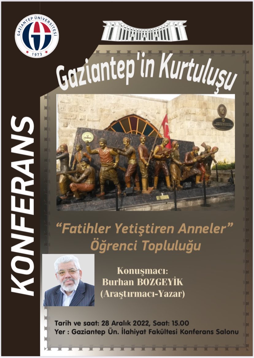MDergahi's tweet photo. Gazi şehrin şanlı destanını anlatacağız.
28 Aralık Çarşamba
🕰 Saat 15:00 
📍Gaziantep Üniversitesi İlahiyat Fakültesi

Vakti olanları bekleriz. https://t.co/QfcMU71ap5