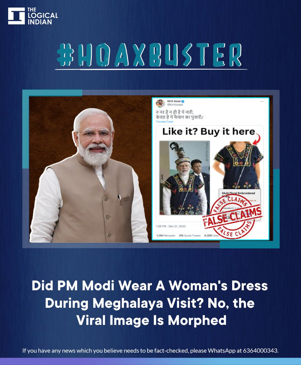 LogicalIndians's tweet photo. We found that the viral image shows PM Modi in a traditional Khasi outfit and a traditional Garo hat. The image alongside PM Modi's picture is a morphed visual from the US retailing website Shoreline USA.
#factcheck #PMModi #Dress #KirtiAzad #morphedimage https://t.co/4ioxRWtaD8