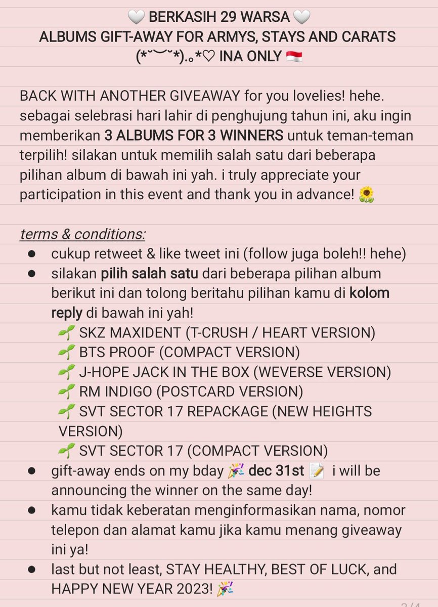 fleurdelights's tweet photo. GIFT-AWAY FOR ARMYS, STAYS &amp; CARATS (⁠*⁠˘⁠︶⁠˘⁠*⁠)⁠.⁠｡⁠*⁠♡ INA ONLY 🇮🇩

to those who adore bts, skz and svt, i will be gifting you 3 ALBUMS for 3 WINNERS 🏆 ✨ pls do check &amp; read carefully on the pics below for further details ☺️ thank you and best of luck!! 💗🍀 https://t.co/hoZtDoh9xI
