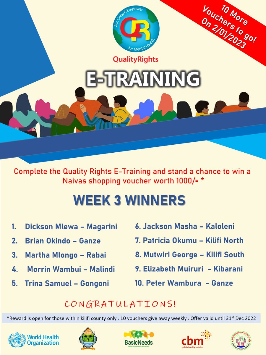 Here we go!

Our week 3 Christmas #QualityRightsKilifi winners.

Congratulations!

Have you completed your Quality Rights E-Training?

1 more week to go for you to be awarded.

10 more vouchers to go!