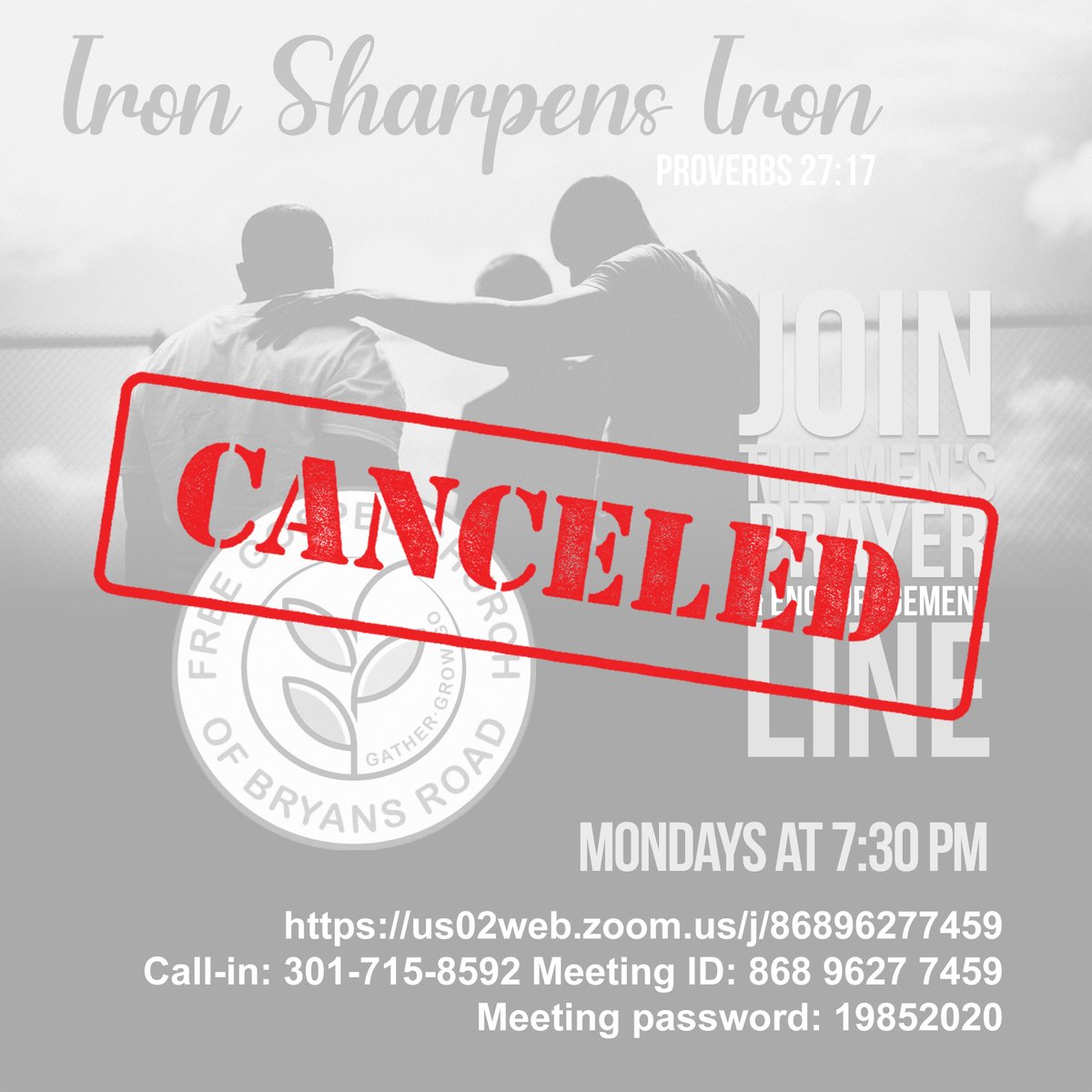 BryansRoadFGC's tweet photo. Tonight's Iron Sharpens Iron Men's Prayer call and Wednesday's Bible Study are canceled for this week so you can spend time with your loved ones! https://t.co/ei1CLy4hL0