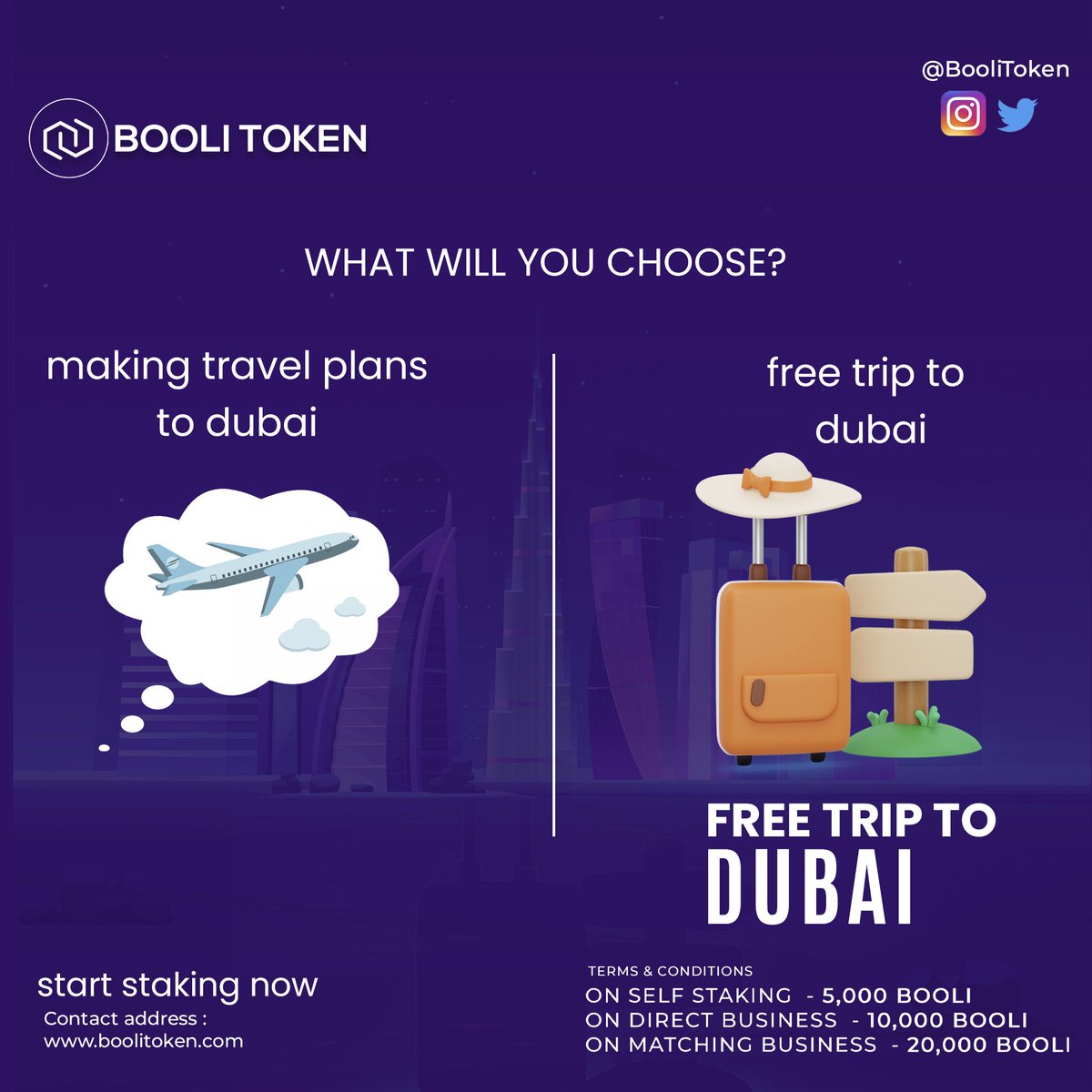 BooliToken's tweet photo. What will you choose?

Win free trip to dubai with booli

Visit:- https://t.co/yV4MCEcV0i 
Or Visit:- https://t.co/q8VDC6dGpx

#crypto #bitcoin #cryptocurrency #blockchain #ethereum #btc #forex #trading #money https://t.co/ZrKXfj4pin