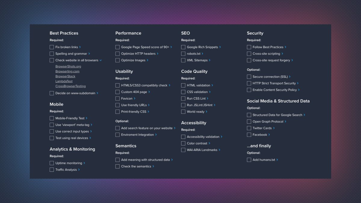 Prathkum's tweet image. 5. Web Developer Checklist

A checklist of tasks to consider when building and launching a website, covering areas such as performance, security, SEO, and more.

🔗 toptal.com/developers/web…