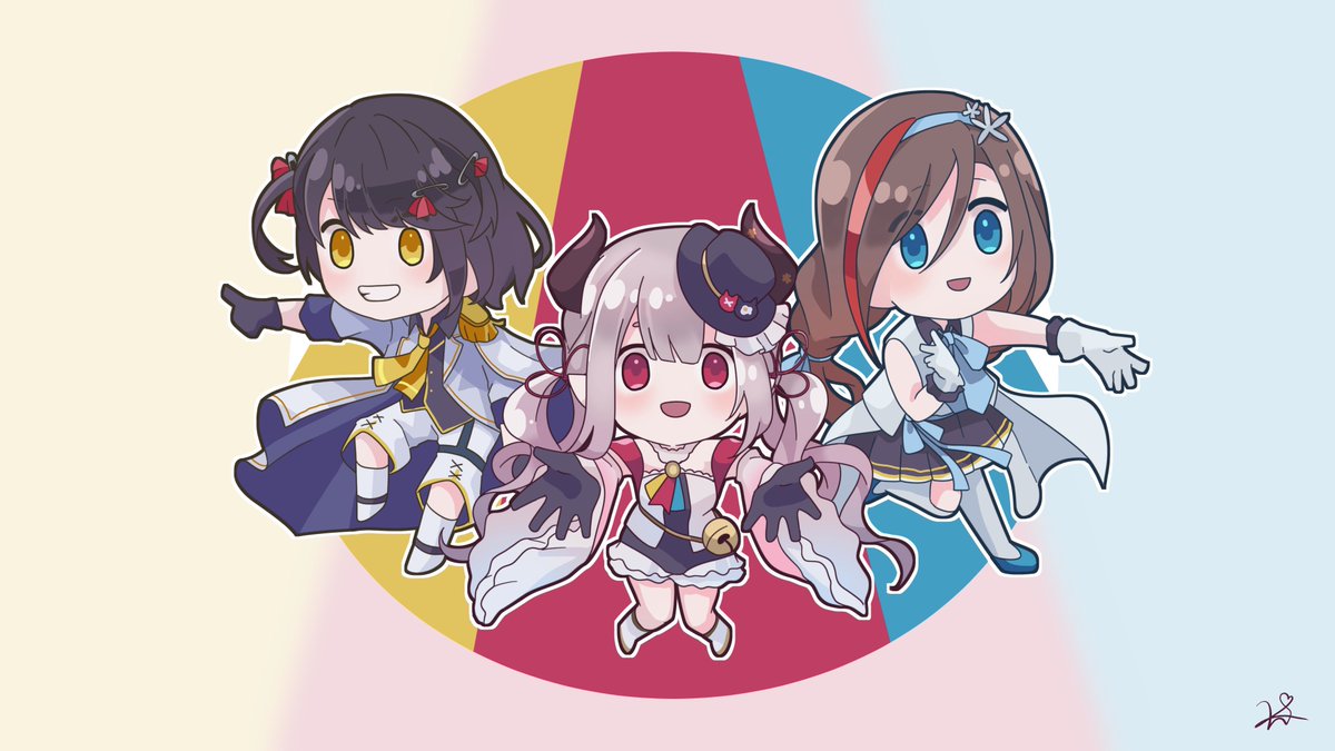 multiple girls 3girls blue eyes gloves horns chibi black hair  illustration images