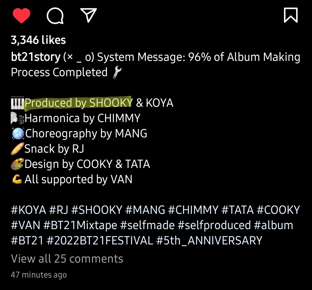 #BT21Mixtape is produced by SHOOKY & KOYA (Status : 96% of The Album process Complete)

#ProdBySHOOKY #SHOOKY #2022BT21FESTIVAL #5th_ANNIVERSARY