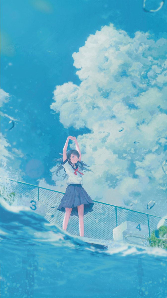 1girl solo skirt school uniform sky cloud outdoors  illustration images