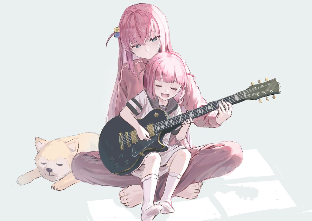 gotou hitori pink hair multiple girls 2girls guitar instrument cube hair ornament track jacket  illustration images