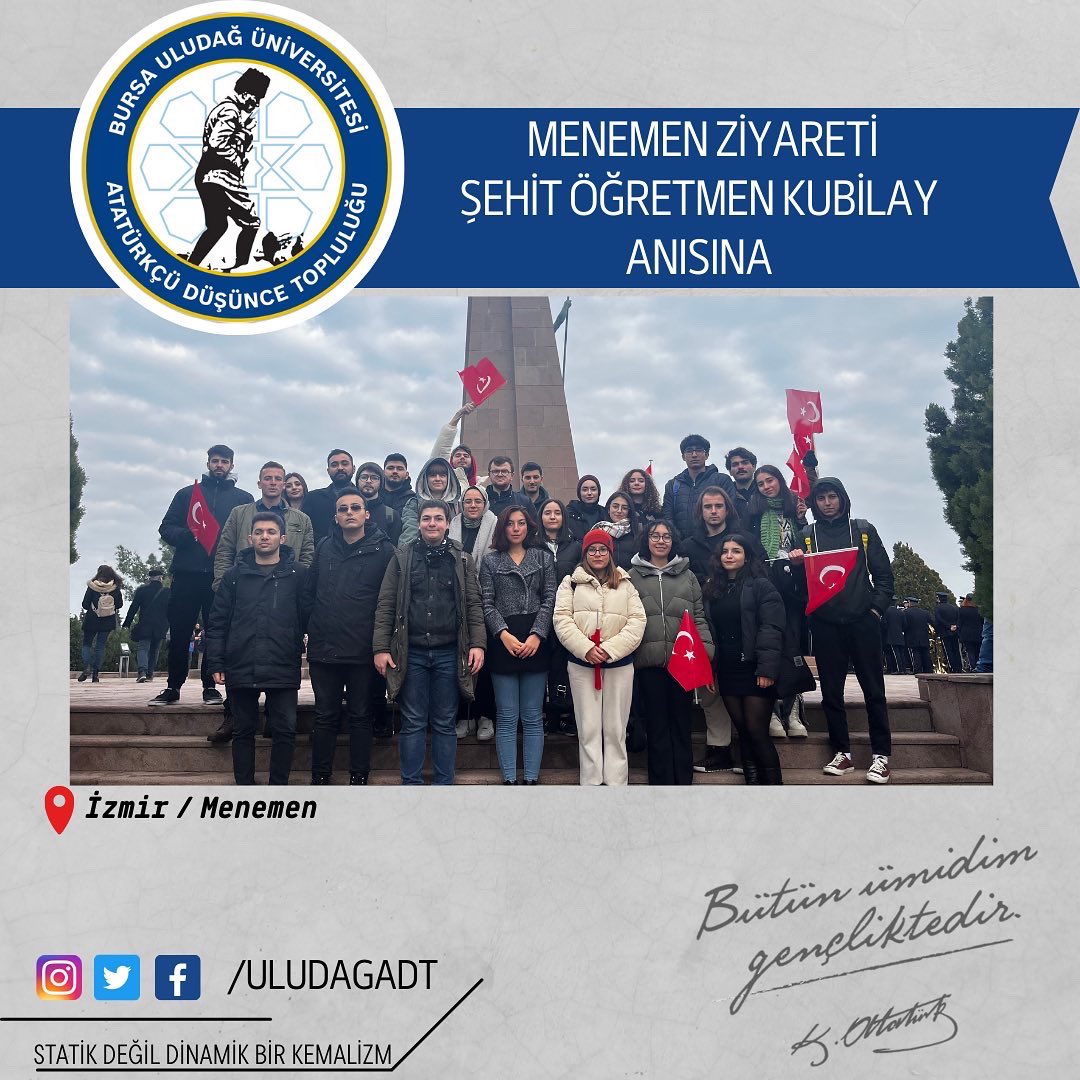 UludagAdt's tweet photo. 92 yıl önce gerici Cumhuriyet karşıtları tarafından katledilen Şehit Asteğmen Mustafa Fehmi Kubilay anısına Menemen’deydik. 
Devrim Şehidi Kubilay’ın uğruna can verdiği Cumhuriyet’imizin bekçisiyiz. Mustafa Fehmi Kubilay’ı ve tüm şehitlerimizi saygı ve minnetle anıyoruz. https://t.co/PPsUczcsPv