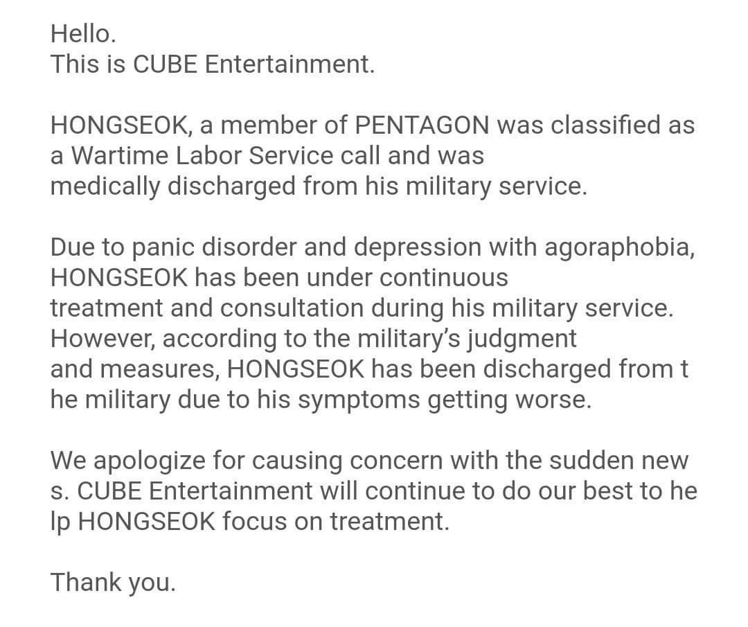 ptg_stats's tweet photo. .@CUBE_PTG Hong Seok served with continuous treatment, counseling while serving in the military due to panic disorder and depression symptoms he has suffered from before-- but he was discharged from the military according to the military's judgment and measures

#PENTAGON #펜타곤 https://t.co/D8MomubHNr