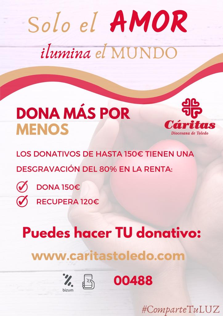 #SoloElAmorLoIluminaTodo 🚨 Tenemos un aumento de demanda de ayudas. Te necesitamos para poder dar respuesta a tantas personas.  Ahora es el momento de hacerte socio y de donar en caritastoledo.com.  #ComparteTuLuz