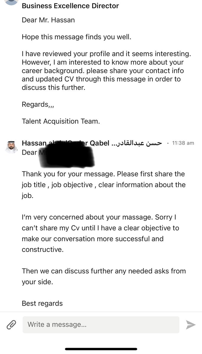 hasgab78's tweet photo. نصيحه اخوية لمسؤولي الاستقطاب والتوظيف في الشركات والمنظمات 

لا عاد ترسلو رسائل للمرشحين او الاستقطاب بهذا الاسلوب

- ما عندك وظيفه واضحه لا تتواصل 
- ما عندك هدف وظيفي واضح لا  تتواصل 

- لا تطلب سيرة ذاتيه قبل ان تحدد توجه الوظيفه اللي تعرضها 

#الموارد_البشرية #بيئة_العمل https://t.co/Dvm3F7yn0S