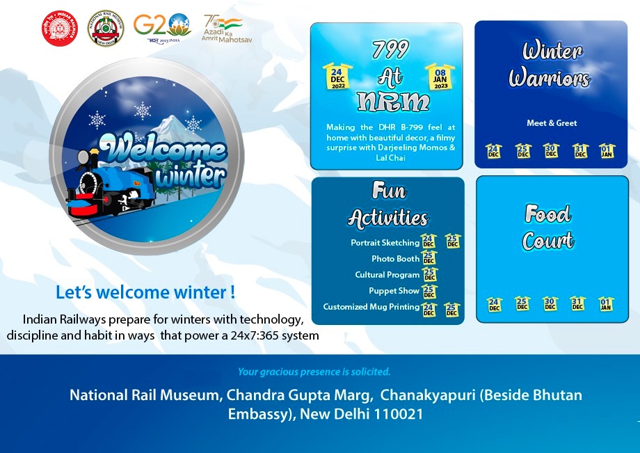 RailMinIndia's tweet photo. Unwind at the wintry festival!

Be a part of the fun and frolicsome ‘Welcome Winter Festival’ organised by NRM, which takes place at the National Rail Museum, Chanakyapuri, New Delhi, from December 24th, 2022 to January 8th, 2023, &amp; features an assortment of engaging activities. https://t.co/Qn3ZPKmrP9