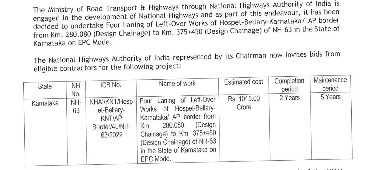 IndexKarnataka's tweet photo. Tenders floated by NHAI for:

Four Laning of left-over works of Hosapete-Ballari from Km 280.080 to Km 375.450 of NH63 under EPC

#NH63 #Karnataka #Hosapete #Ballari
Est Cost: 1015 crores
@nitin_gadkari https://t.co/36cI6guriI