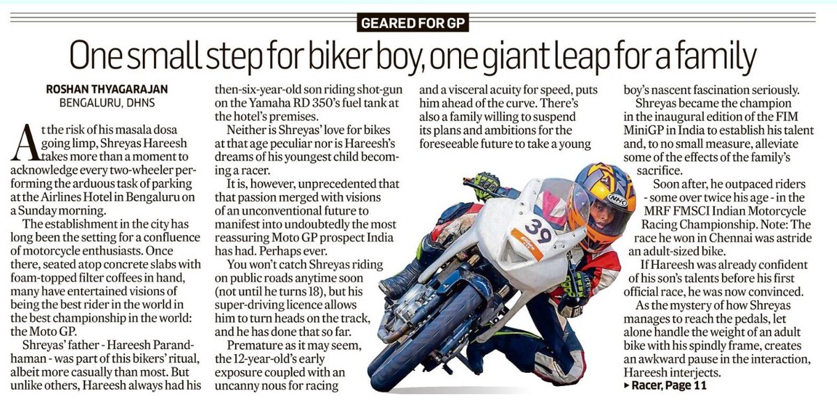 hareeshcp's tweet photo. Thank you, @DeccanHerald, for carrying this on the cover page today. Motorsport certainly needs such coverage and visibility, and a 12 year old who is turning heads needs it more than anyone else. 🙏🇮🇳🤟 https://t.co/XJo1vtW96C