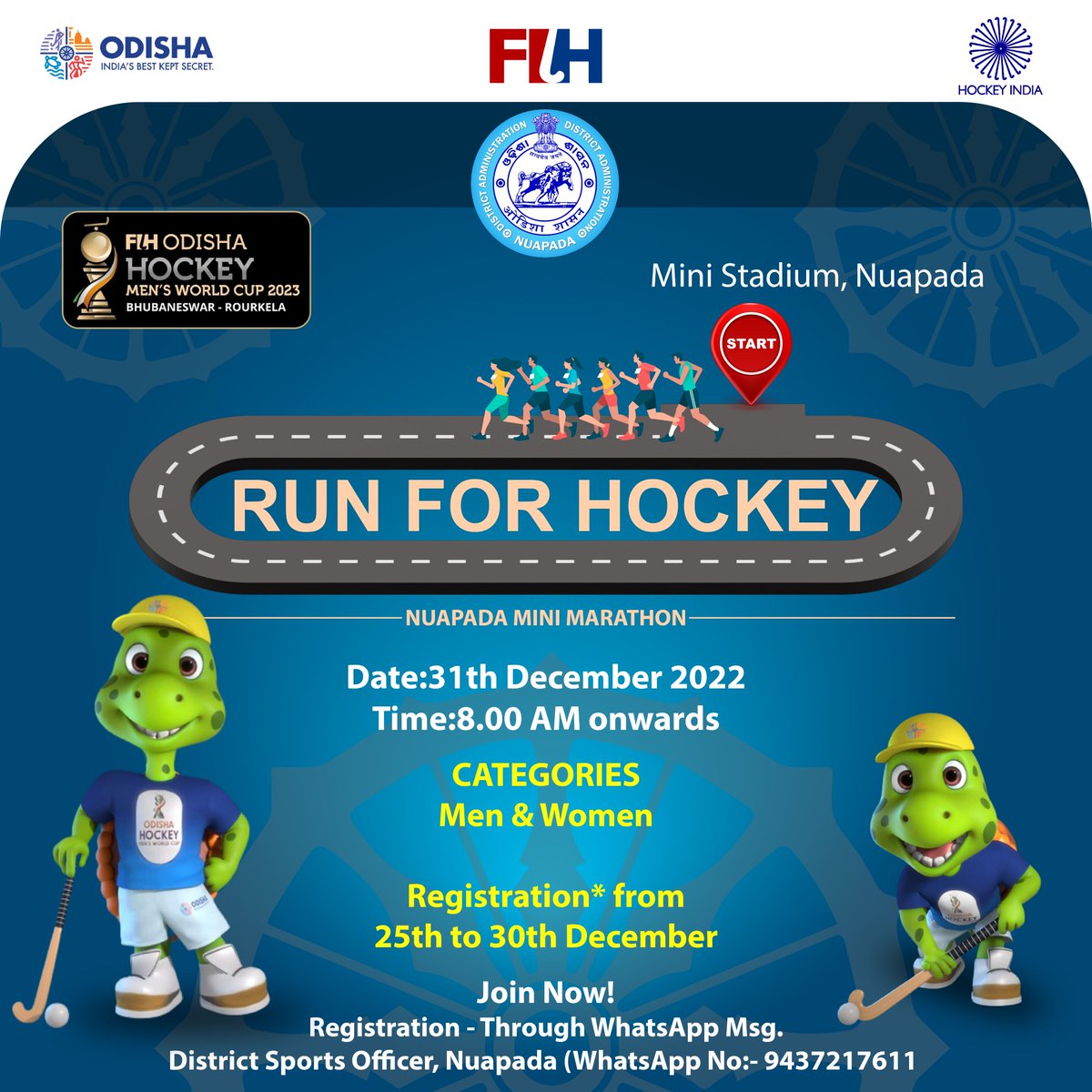 #RunForHockey #Nuapada_Mini_Marathon
Registration start from 25th to 30th December 2022
Date:31th December Time:8.00 AM 
At- Mini Stadium, Nuapada
Join Now! 
Registration - Through WhatsApp Msg- 9437217611
#hockeyworldcup2023 
#odishasports