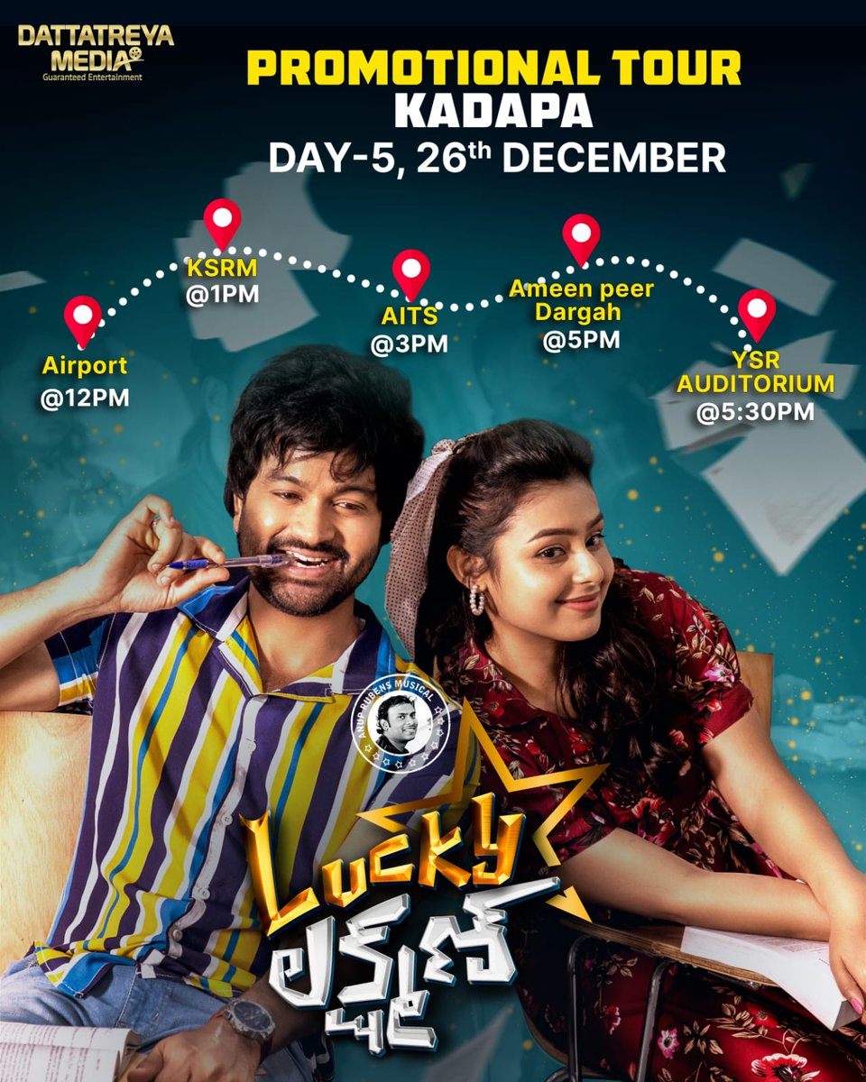 24studio4's tweet photo. Team #LuckyLakshman is all set to go on to their promotional tour Day 5 TODAY 26th December in Kadapa.
Get ready to meet them and shower your love!!♥️
#LL
#LLFromDec30
@RyanSohel #ARABHI @GogineniHaritha @Mokksha06 @DattatreyaMedia @iandrewdop @anuprubens https://t.co/DFRav1FaqR