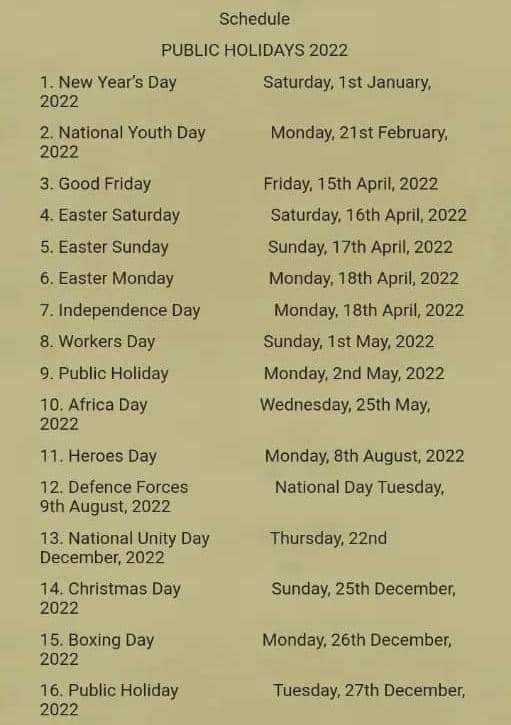 LabourAspectsZW's tweet photo. December 27 declared a public holiday.

GOVERNMENT has declared December 27 a public holiday, saying the decision was made in view of the unique circumstances around the 2022 calendar.

The days listed as holidays include Tuesday 27 December, 2022. https://t.co/b2ks0qftEZ