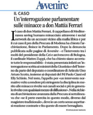 Chi è minacciato sui social network dai trafficanti libici va protetto.
Mentre invece per la Procura di Modena Don Mattia Ferrari un po’ se la sarebbe cercata. 
Insieme a <a href="/ellyesse/">Elly Schlein</a> e Paolo Ciani ho presentato un’interrogazione. Don Mattia non è solo.