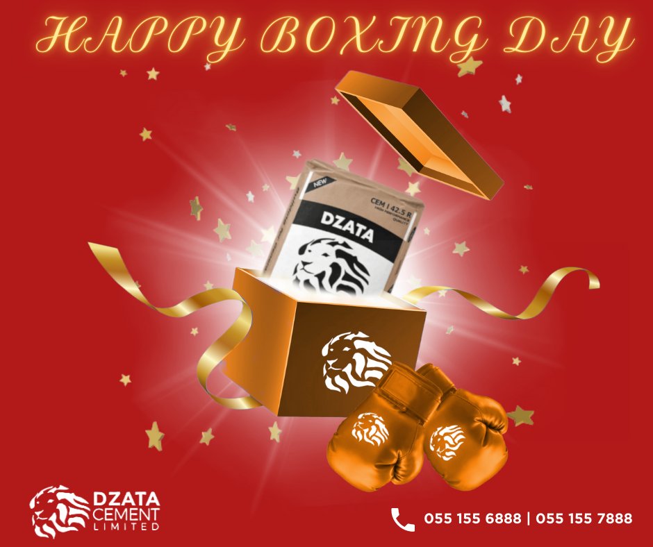 Happiest of Boxing Days from us at Dzata Cement to all our devoted customers and staff. Y3 ma mo Afehyia Pa!

#boxingday #boxingdaygh 
#Dzatacement🦁 #buildingforgenerations #ghowned