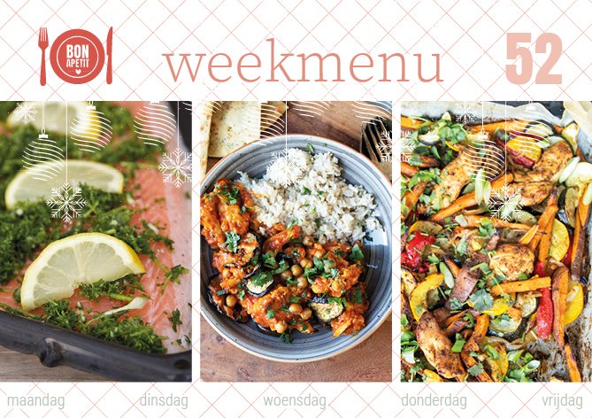 Jullie kunnen nu genieten van een nieuw weekmenu vol met lekkere recepten. Wat dacht je van zalm uit de oven, Mexicaanse traybake of van crispy beef.  
Wat zijn jouw plannen vandaag? 🎄☃🍷🌟👩‍🍳
Meer culinaire inspiratie? Lees verder bonapetit.nu/weekmenu/weekm…