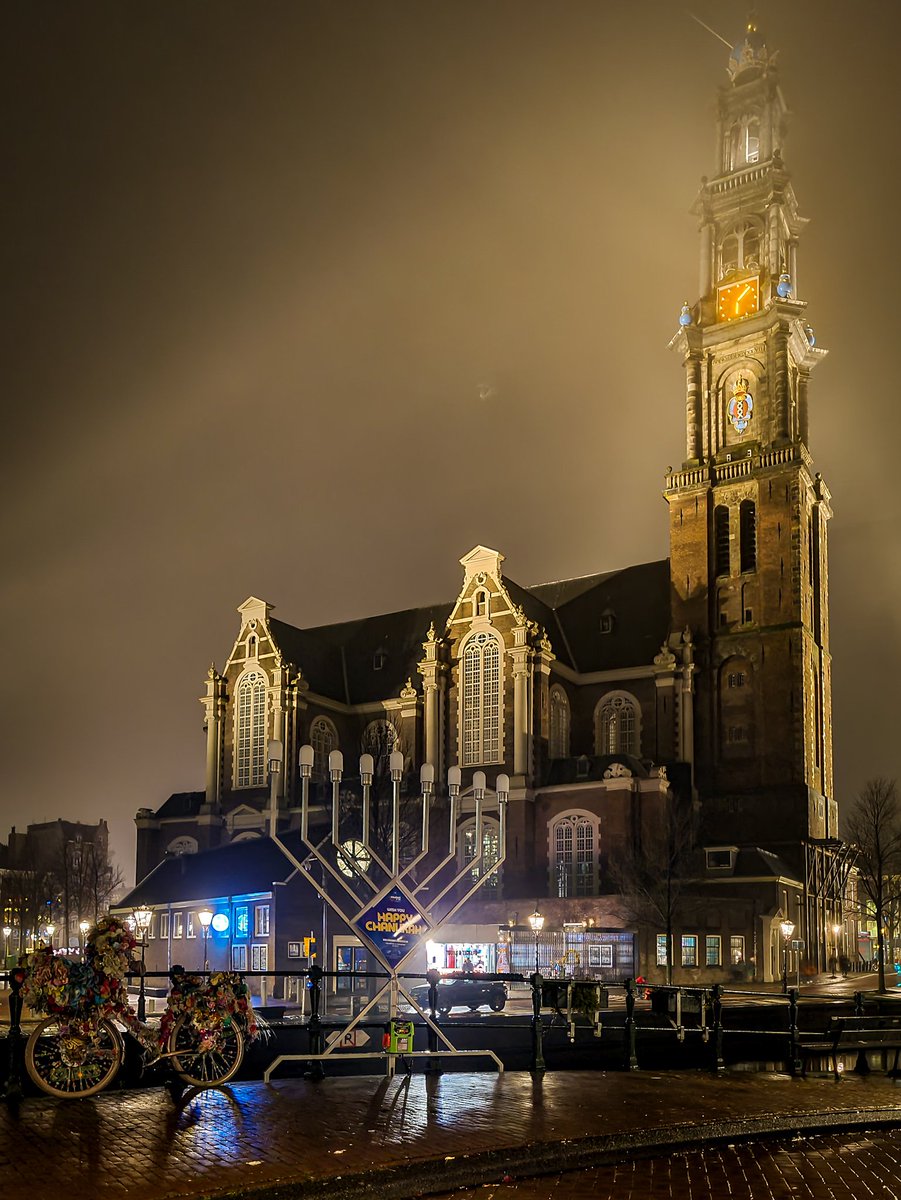 Bicycle, Menorah and Westerkerk, Amsterdam #Netherlands #Amsterdam #bestofnetherlands #winter #museum #church #tower #religion #menorah #bicycle #lamppost #street #photography #streetphotography #reflection #clouds