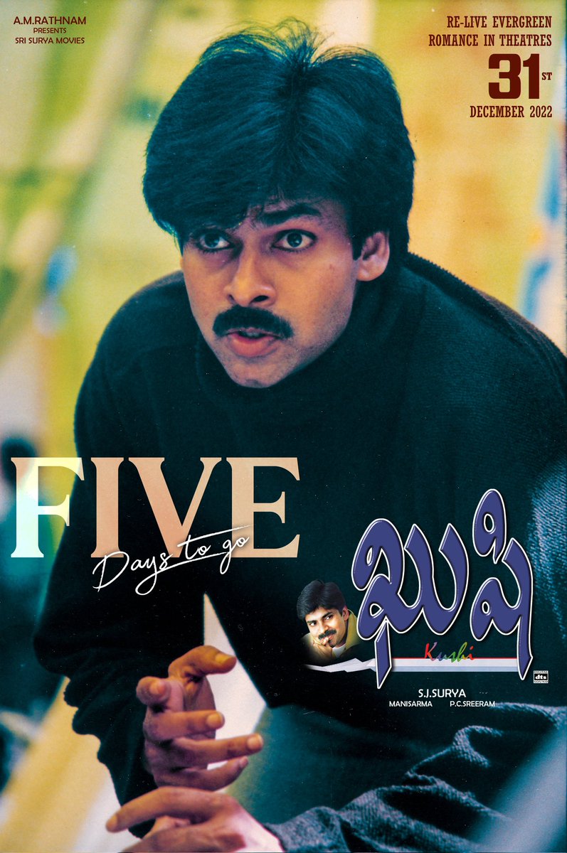 MegaSuryaProd's tweet photo. In 5 Days, you can experience the biggest blockbuster #Kushi this Dec 31st at theatres again! 🤩

Celebration of the Original Love Saga 💟

▶️ https://t.co/K2nvWwyjci 

@PawanKalyan @iam_SJSuryah @bhumikachawlat @pcsreeram #ManiSharma @AMRathnamOfl https://t.co/pY85M0S3Gx